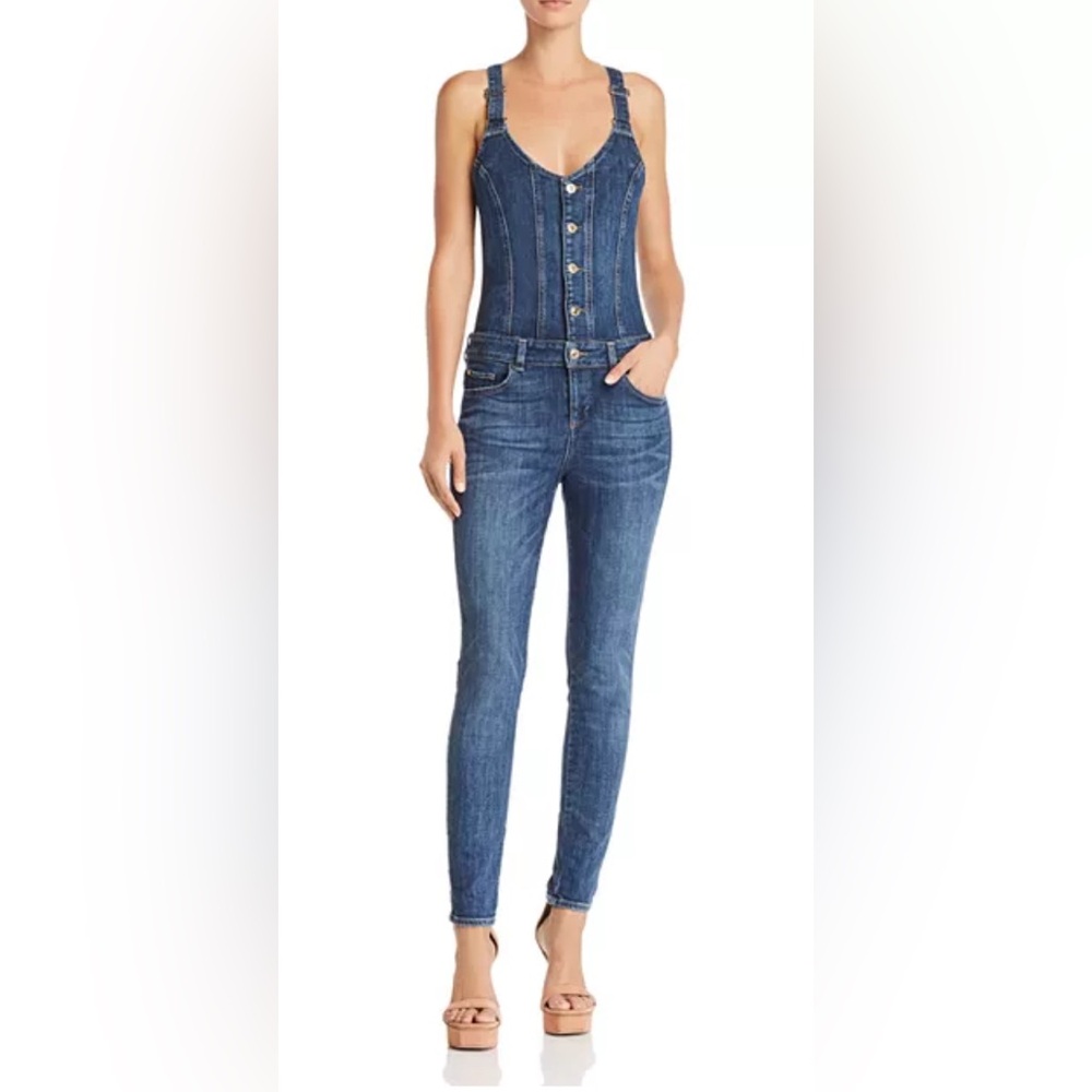 Guess button front denim jumpsuit form fitting overalls jean outfit